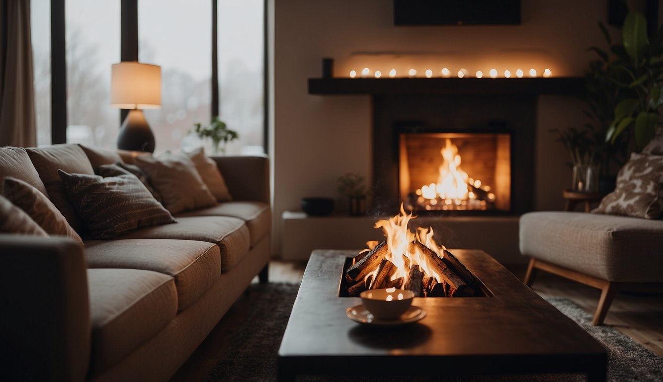 A roaring fire illuminates a cozy living room, symbolizing financial independence and the freedom it brings