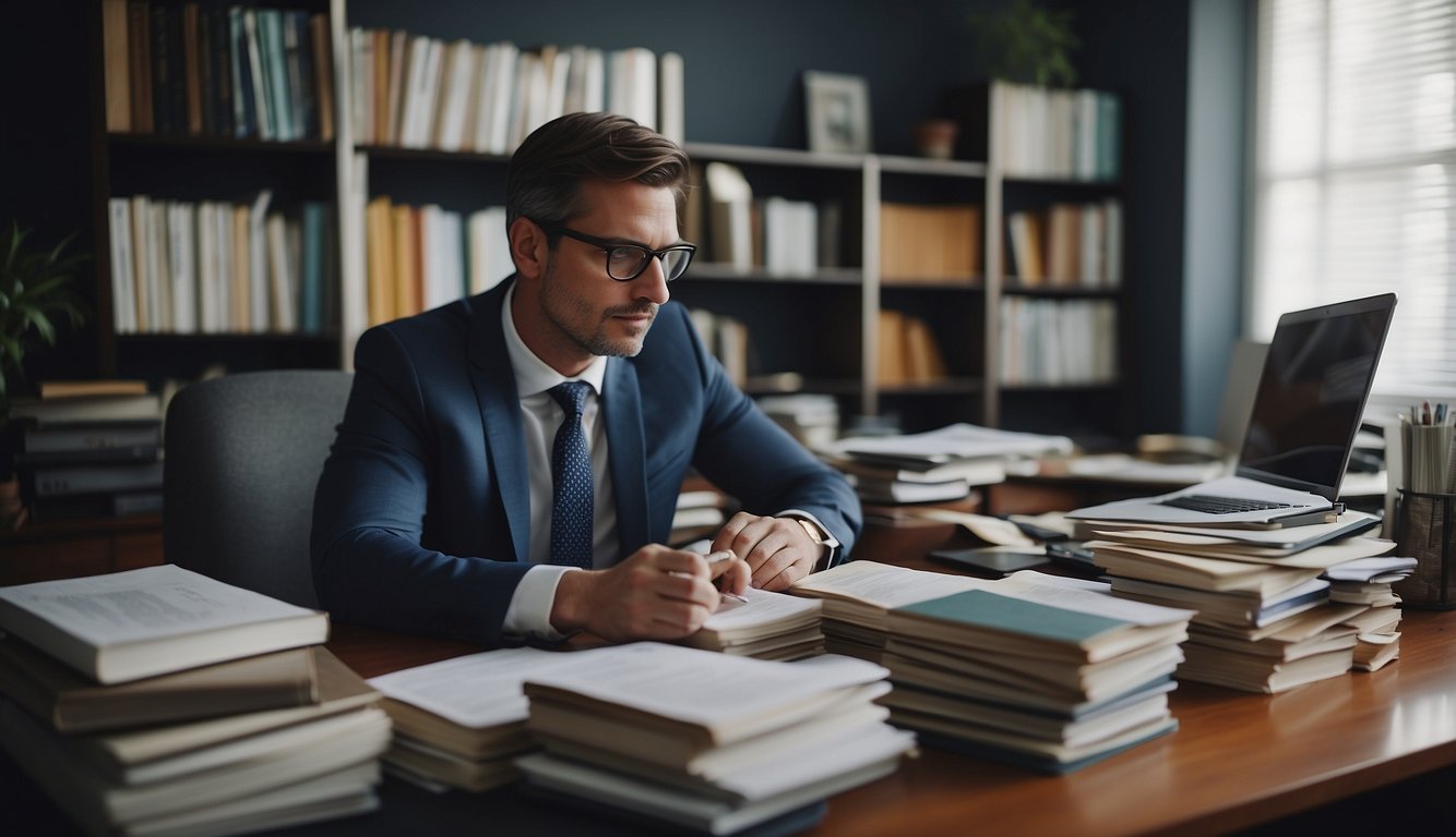 A person sits at a desk, surrounded by financial planning books and spreadsheets. They have a determined look on their face as they calculate their savings and investment goals for achieving financial independence