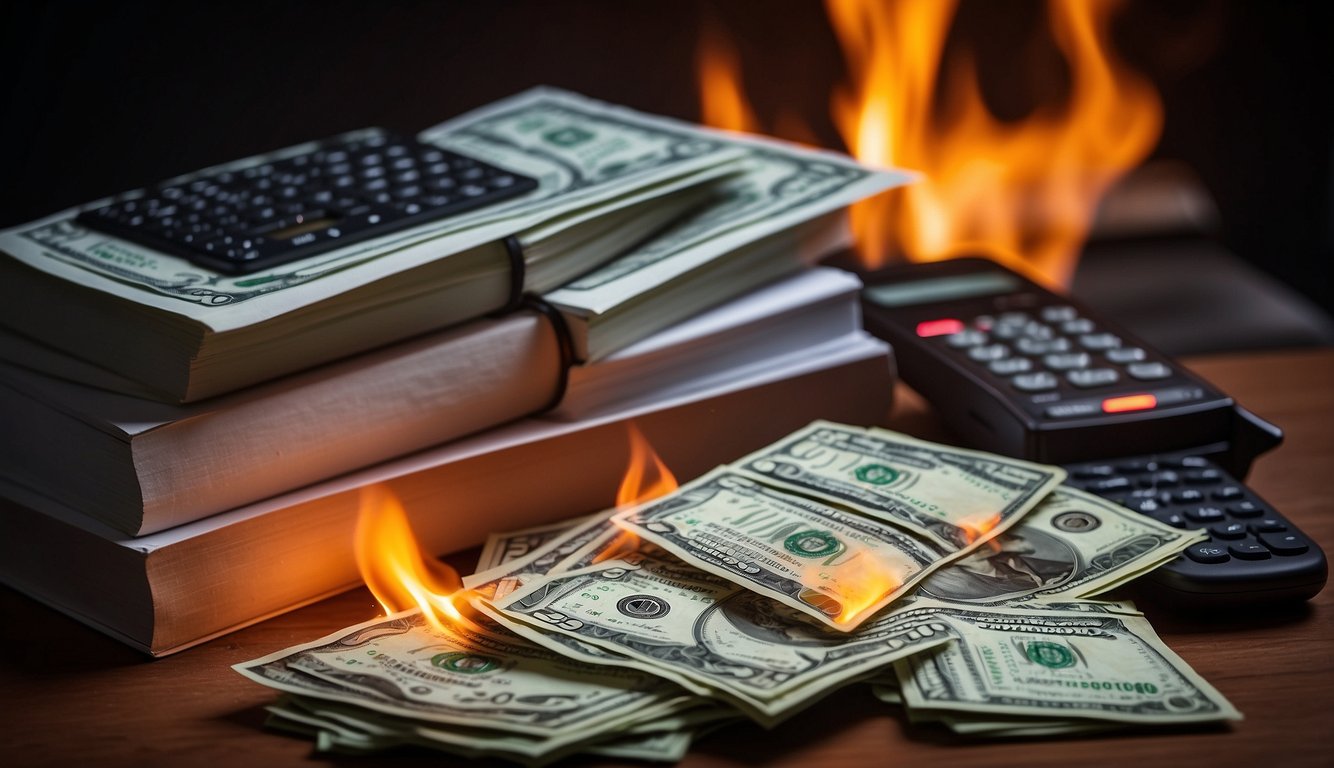 A stack of dollar bills with a burning flame on top, surrounded by financial planning books and a calculator