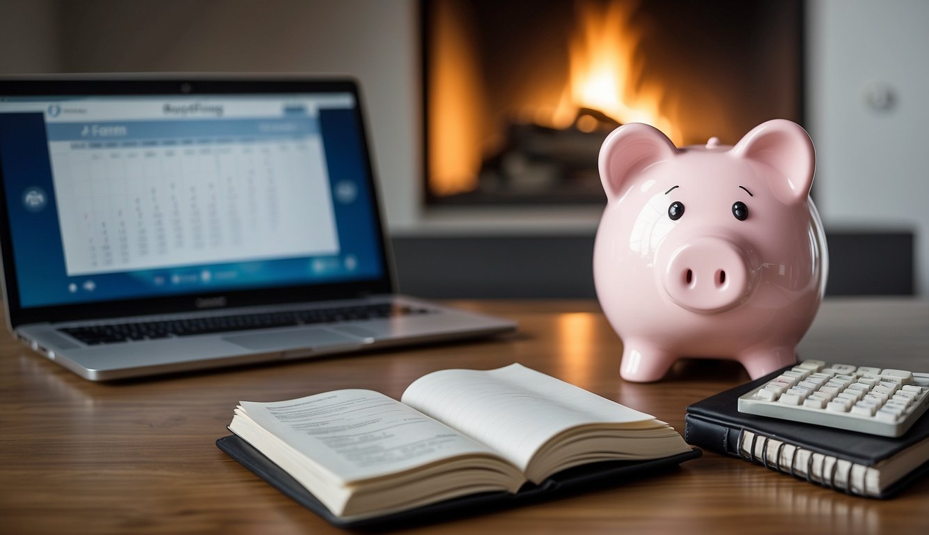 A cozy living room with a crackling fireplace, a stack of financial books, and a piggy bank on the table. A laptop open to a budgeting spreadsheet, and a calendar marked with savings goals