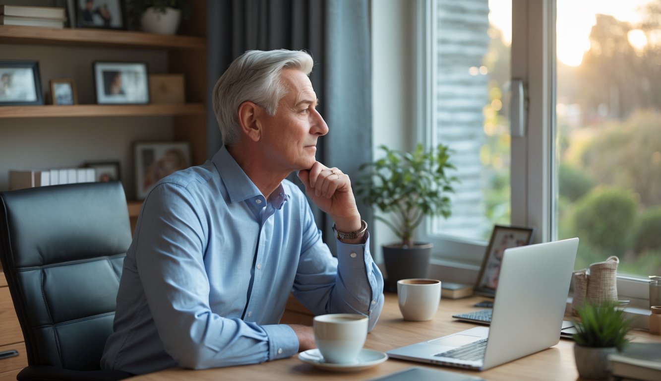 A mature person sitting thoughtfully at a desk by a window, surrounded by personal items and work tools, looking reflective.