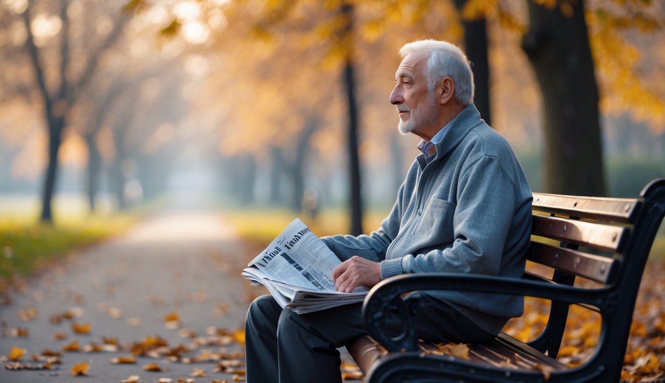 An elderly man sitting alone on a park bench surrounded by autumn leaves, looking thoughtful and reflective.