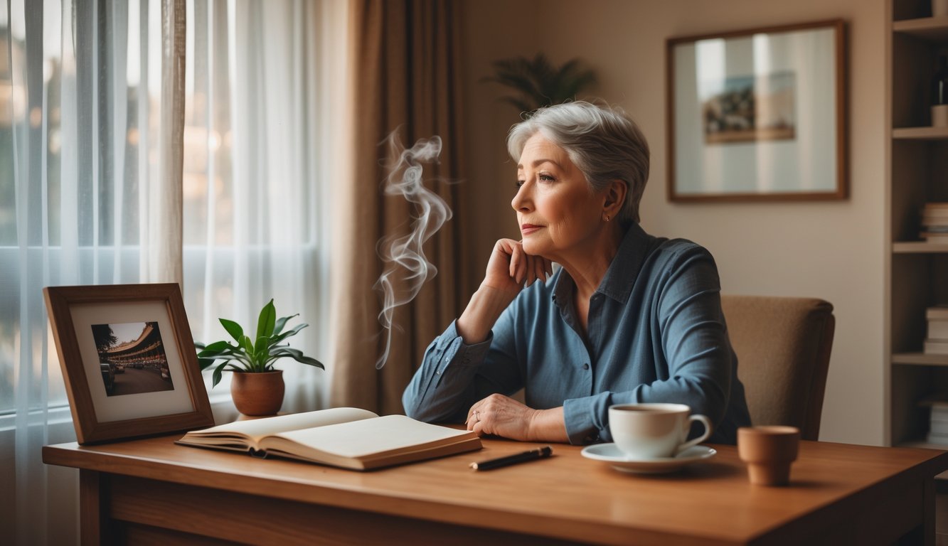 A middle-aged person sitting alone at a desk in a softly lit room, looking thoughtfully out a window surrounded by personal items symbolizing reflection and change.
