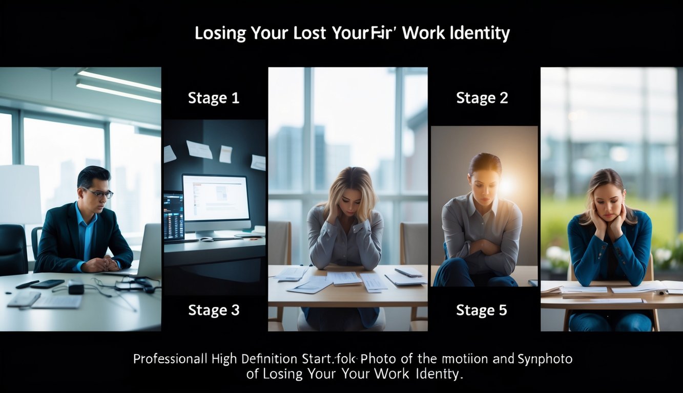 A series of five connected scenes showing a person’s emotional journey from confident at work, to uncertain and isolated, then seeking support, and finally feeling hopeful and renewed.