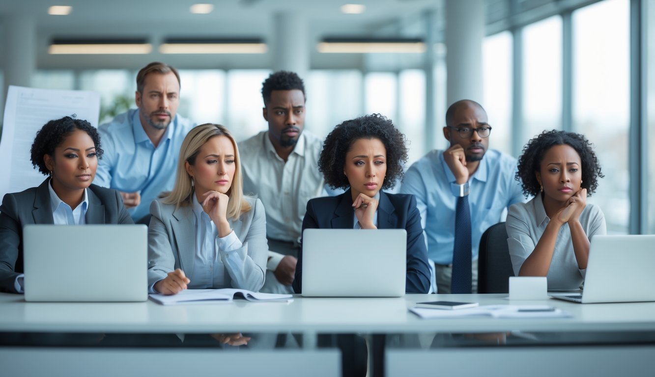 Five adults in an office showing different emotions from confidence to reflection, representing stages of losing work identity.