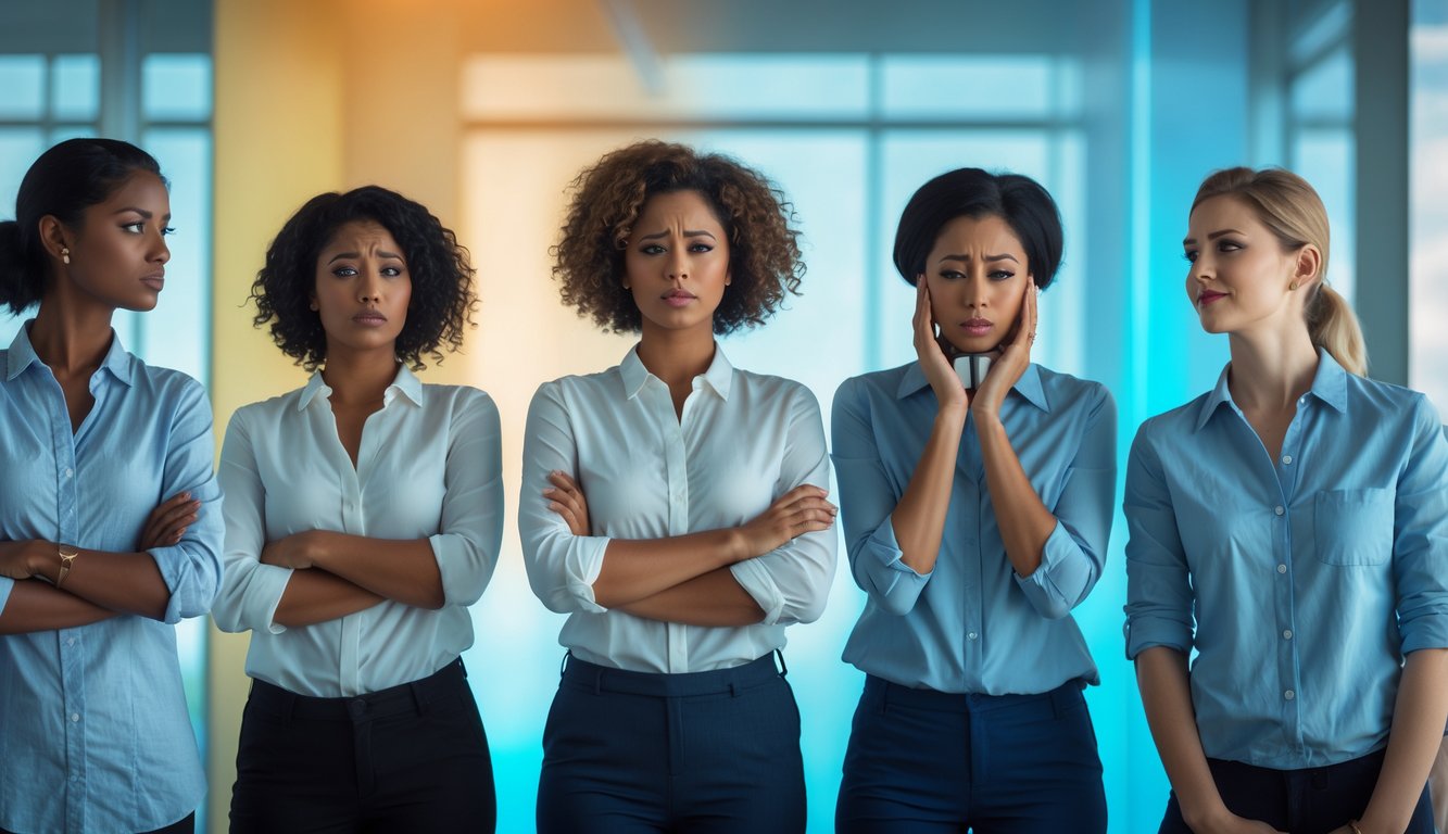 Five people in an office showing different emotions from confident to hopeful, representing stages of losing and regaining work identity.