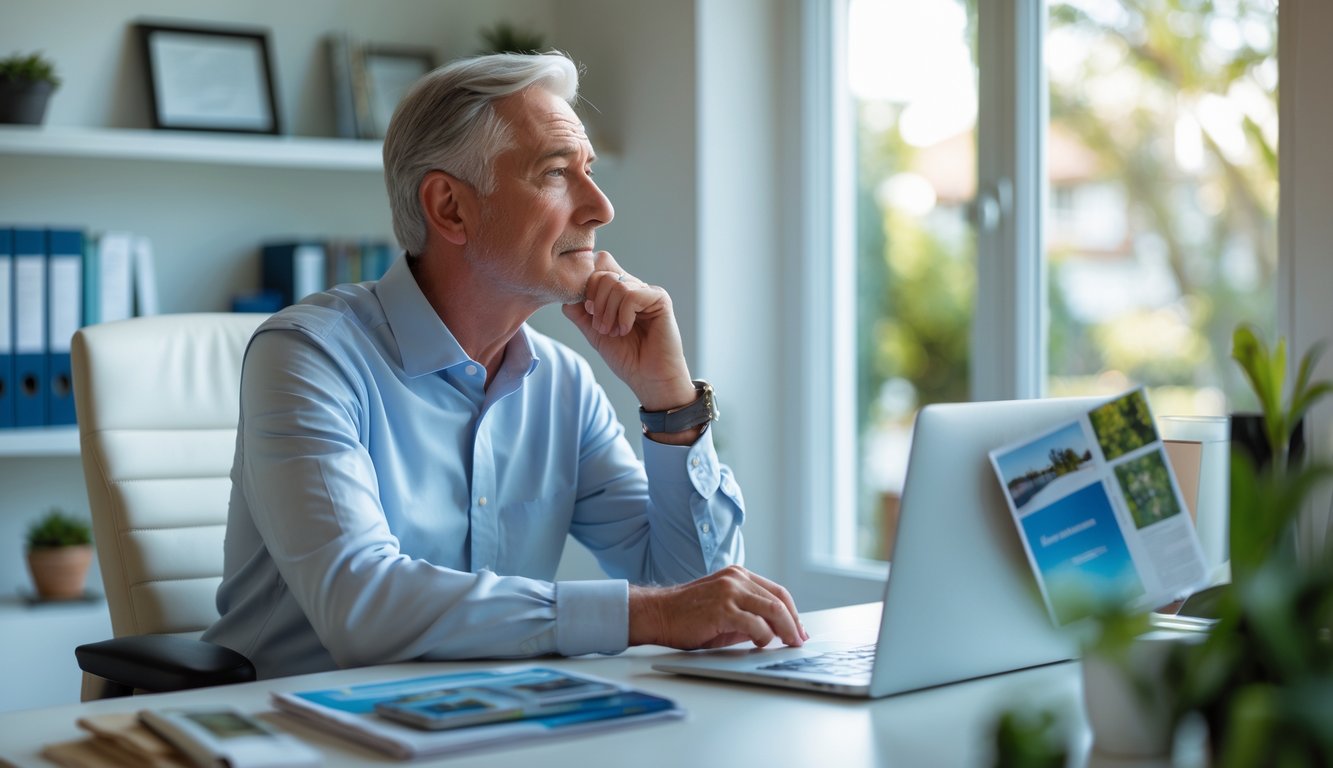 An older person sitting at a desk in a bright home office, looking thoughtfully out a window with career and retirement items around them.