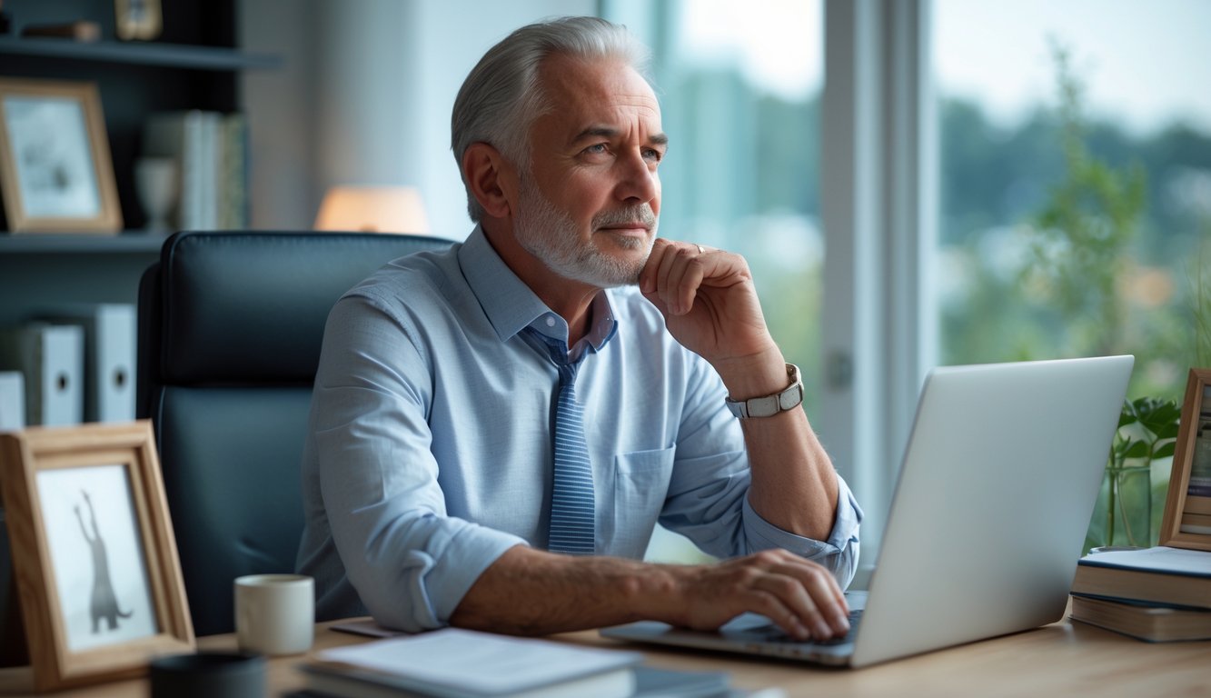 A mature person sitting thoughtfully at a desk in a home office surrounded by awards and photographs, reflecting on their identity after retirement.