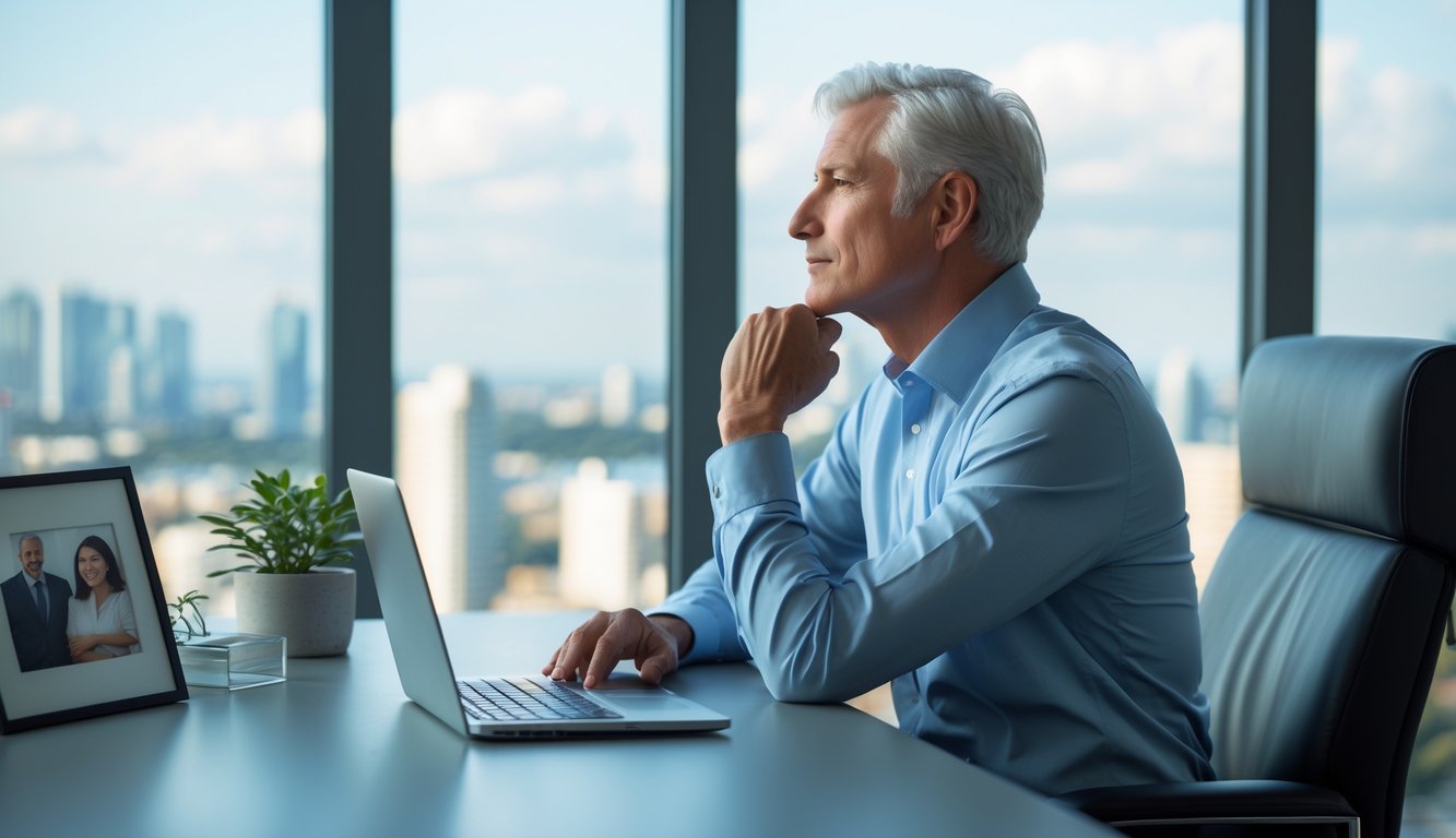 A mature person sitting thoughtfully at a desk by a window overlooking a city, surrounded by personal and work-related items.