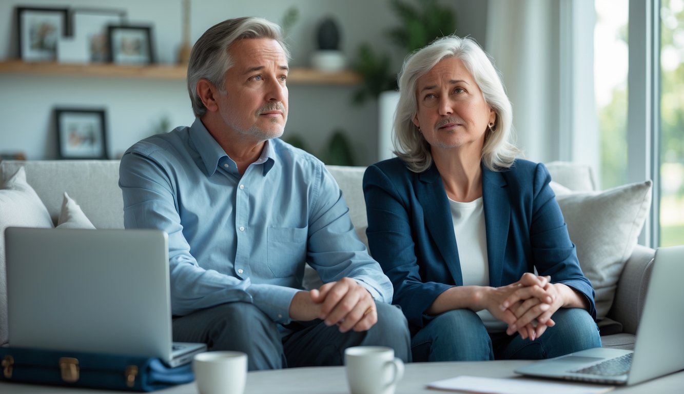 A middle-aged man and woman sit thoughtfully in a bright living room, appearing reflective and contemplative.