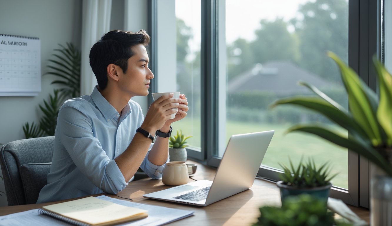 A person sitting by a window in a home office, looking thoughtfully outside while holding a cup.