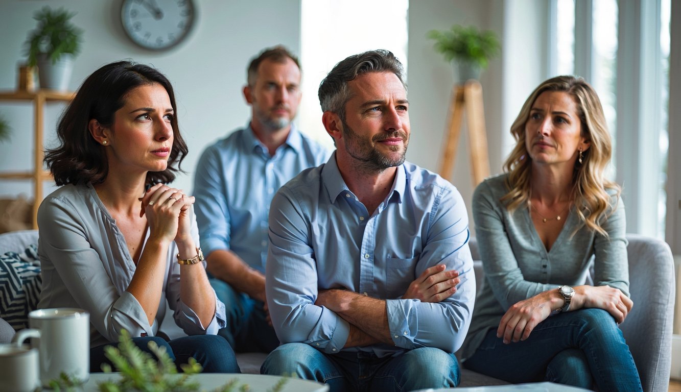 Three adults in a bright room showing different emotions: contemplation, hope, and relief, representing emotional changes after leaving a career.