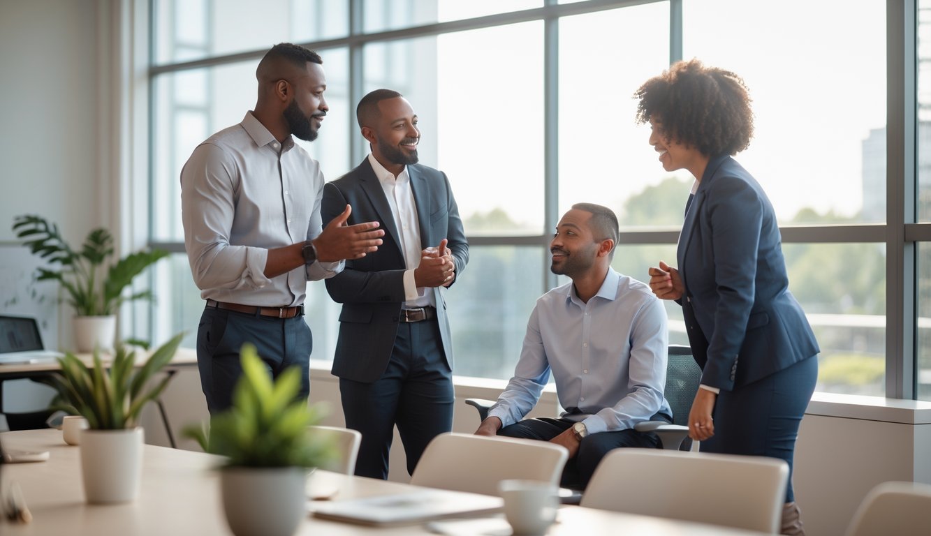 Three adults in a modern office having a supportive conversation, with one person looking thoughtful and others offering encouragement.
