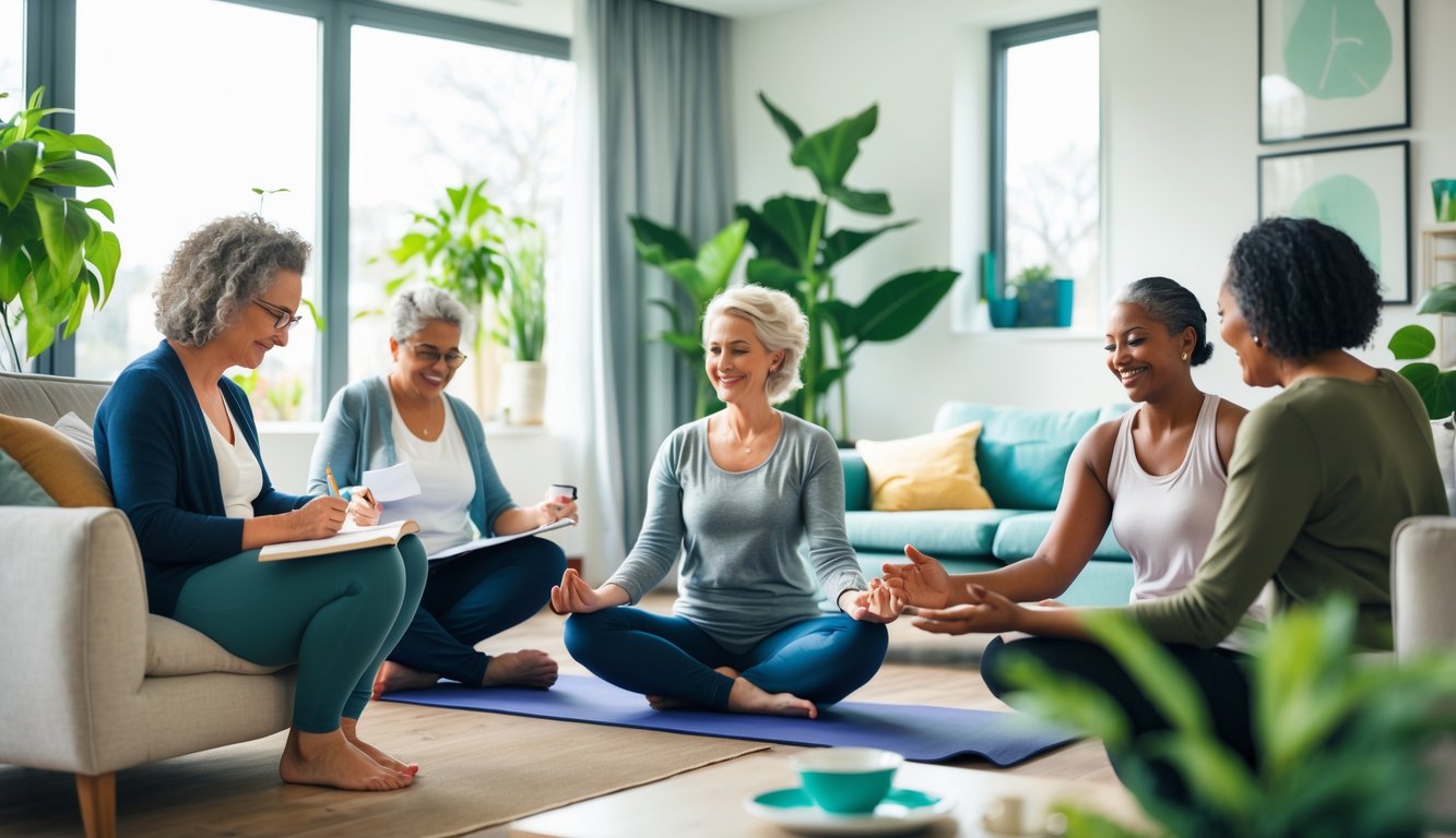 A group of adults in a bright living room engaging in journaling, yoga, and supportive conversation.