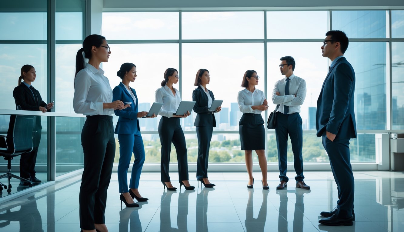 A group of office workers in business attire in a modern office, with one person standing alone looking out a window thoughtfully.