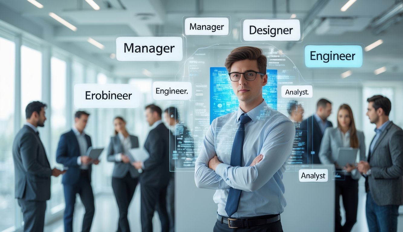 A young professional stands in a modern office with floating holograms of job titles around them, while colleagues work and discuss in the background.