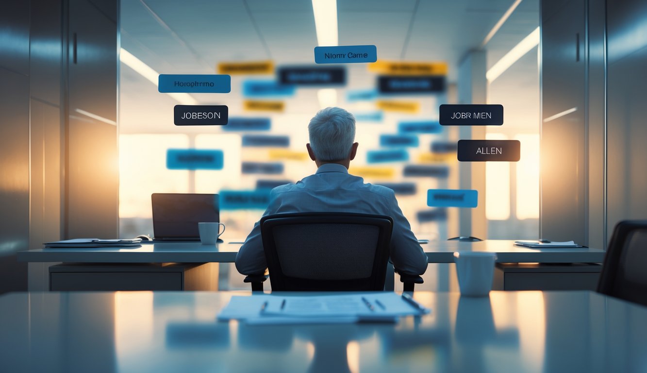 A person sitting at a desk in an office, looking thoughtfully at a mirror reflecting a fragmented image of themselves, surrounded by floating job title badges.