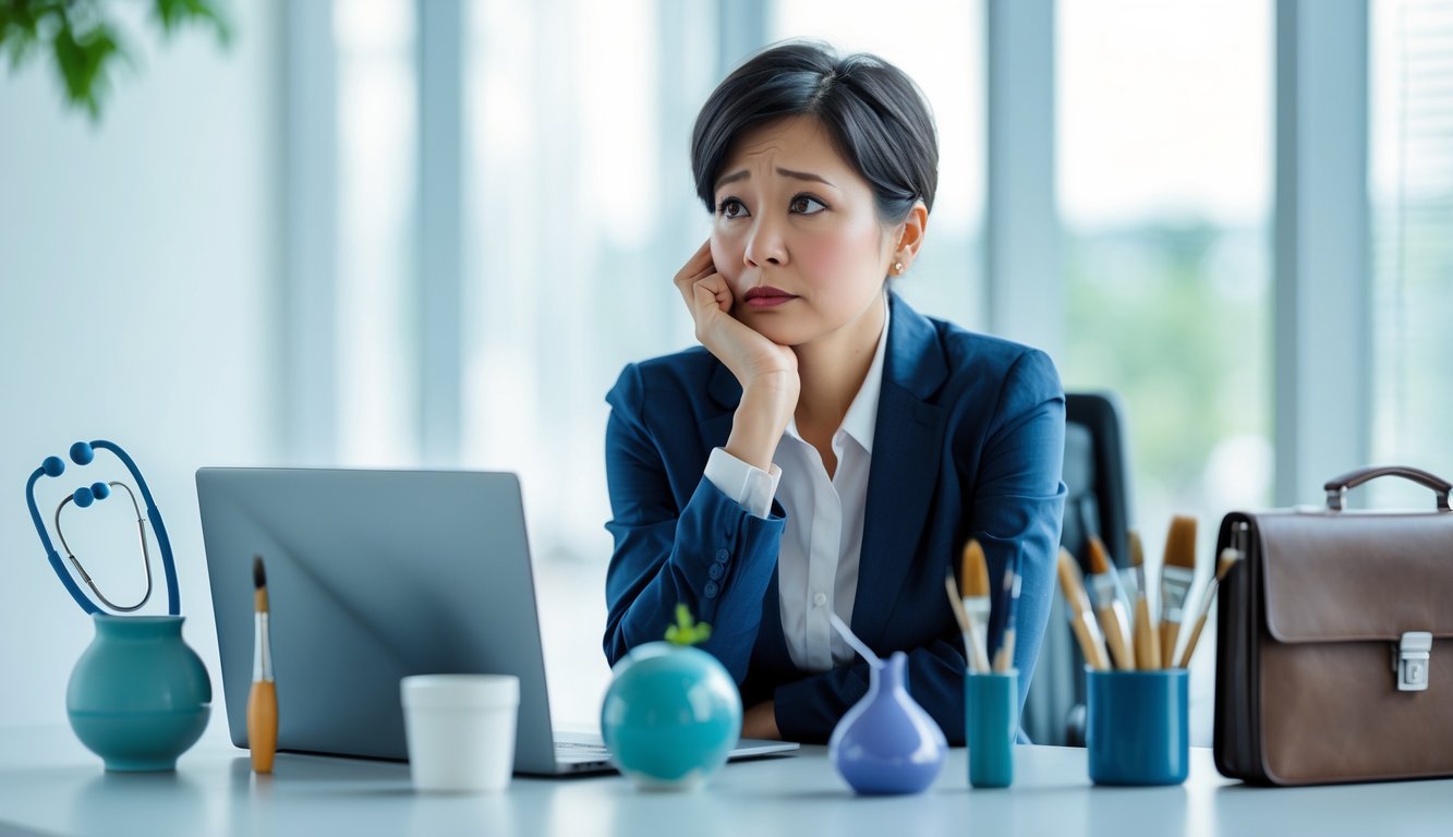 A person sitting at an office desk looking thoughtful, surrounded by objects representing various professions.