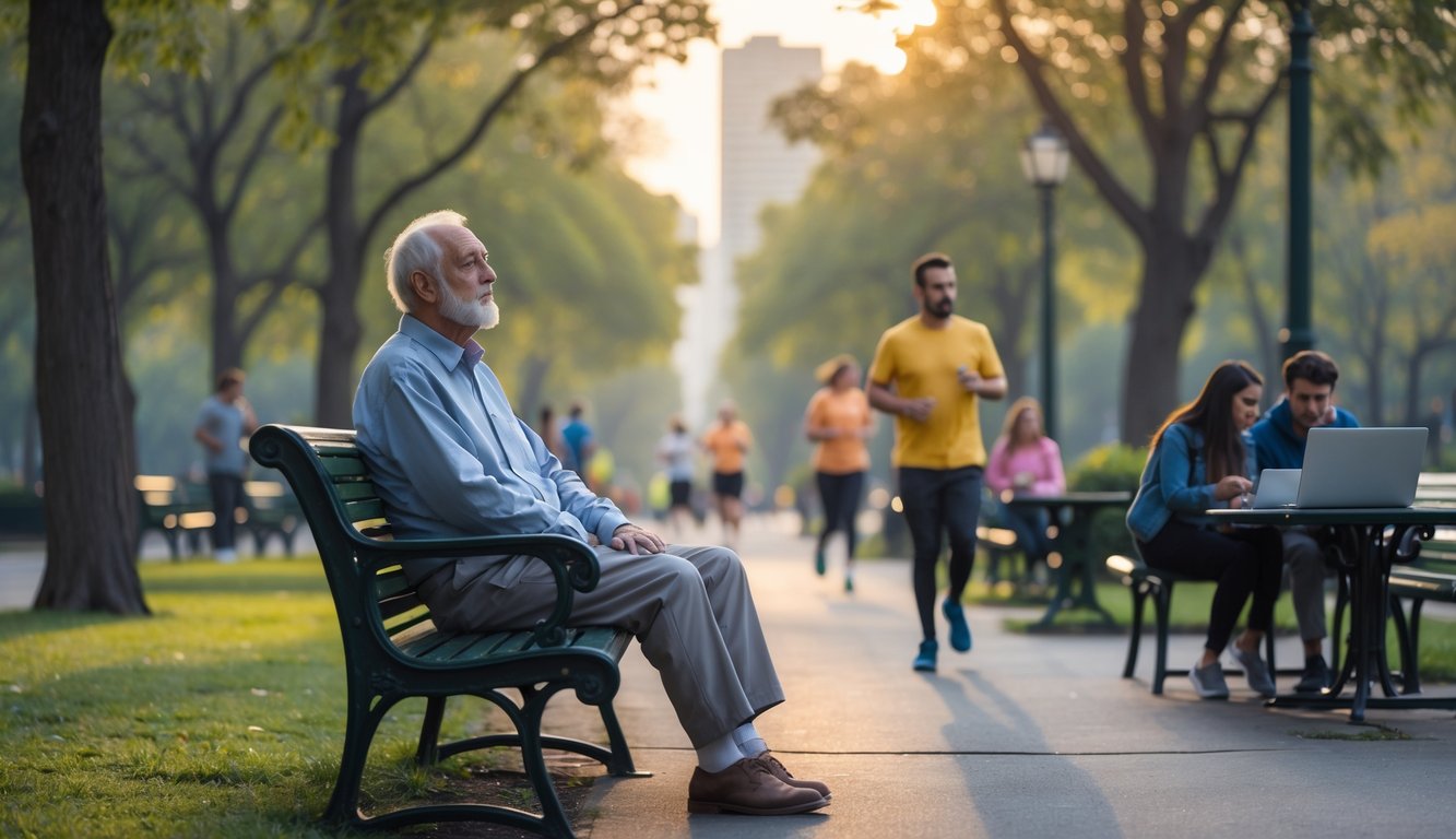 An elderly man sitting alone on a park bench looking thoughtful while younger people engage in activities around him in a city park.