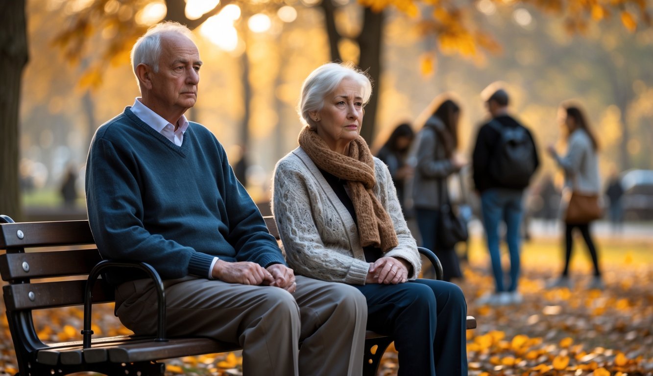 An elderly man and woman sit quietly on a park bench surrounded by autumn leaves, looking thoughtful and reflective.