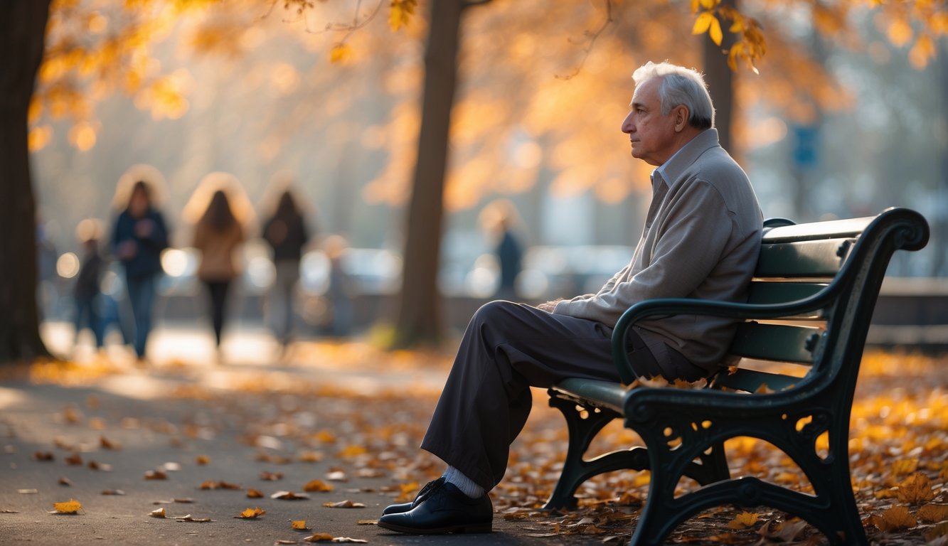 An older person sitting alone on a park bench in autumn, looking thoughtful and slightly sad, with blurred younger people active in the background.