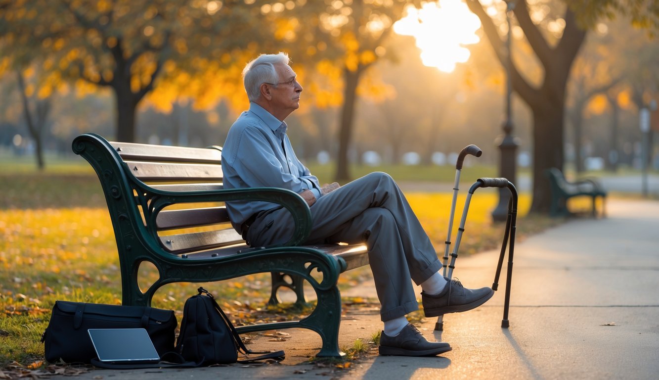 A mature person sitting thoughtfully on a park bench surrounded by autumn trees, looking into the distance with a contemplative expression.