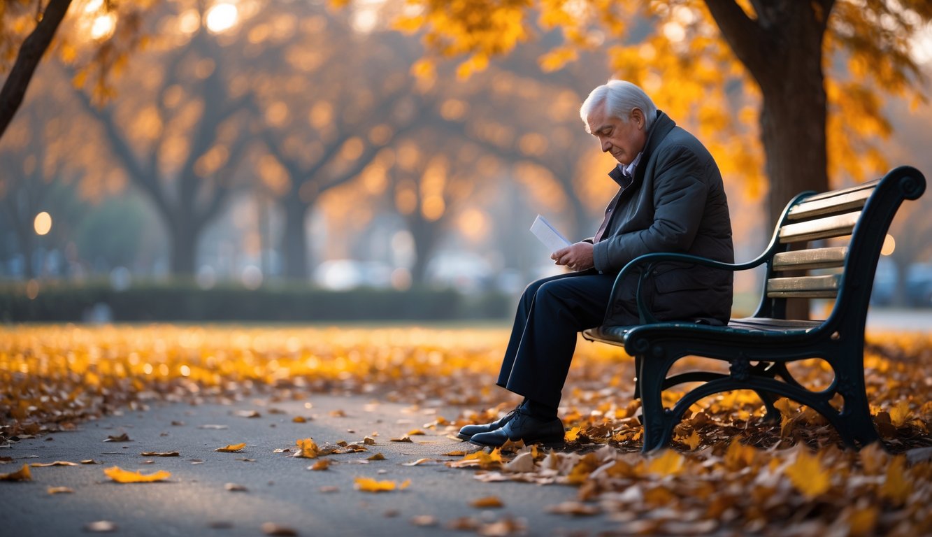 A middle-aged person sitting alone on a park bench surrounded by autumn leaves, looking thoughtful and contemplative.
