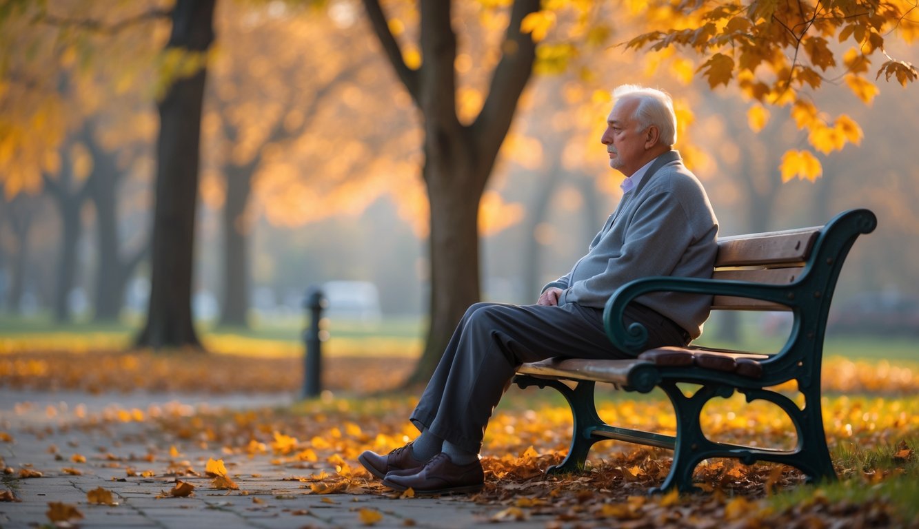 An older adult sitting alone on a park bench surrounded by autumn leaves, looking thoughtful and reflective.
