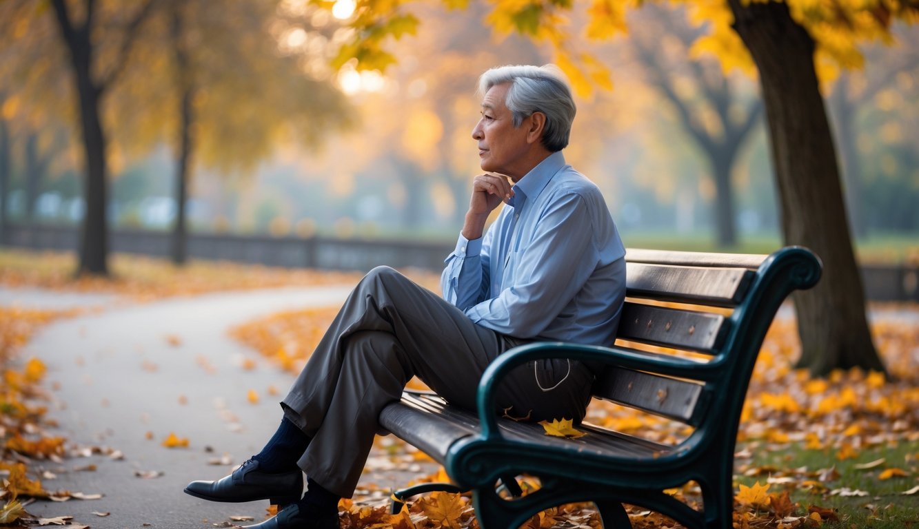 A mature person sitting alone on a park bench in autumn, looking thoughtfully into the distance.