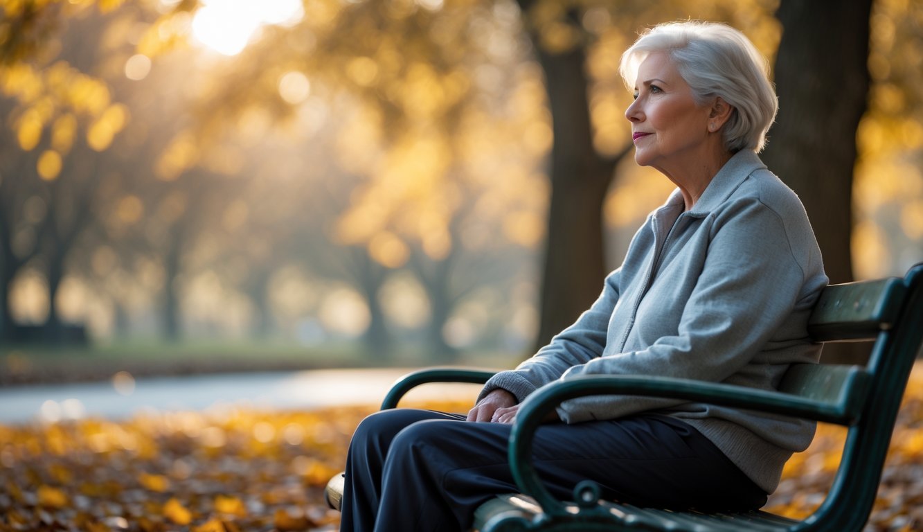 An older adult sitting alone on a park bench in autumn, looking thoughtfully into the distance surrounded by fallen leaves.