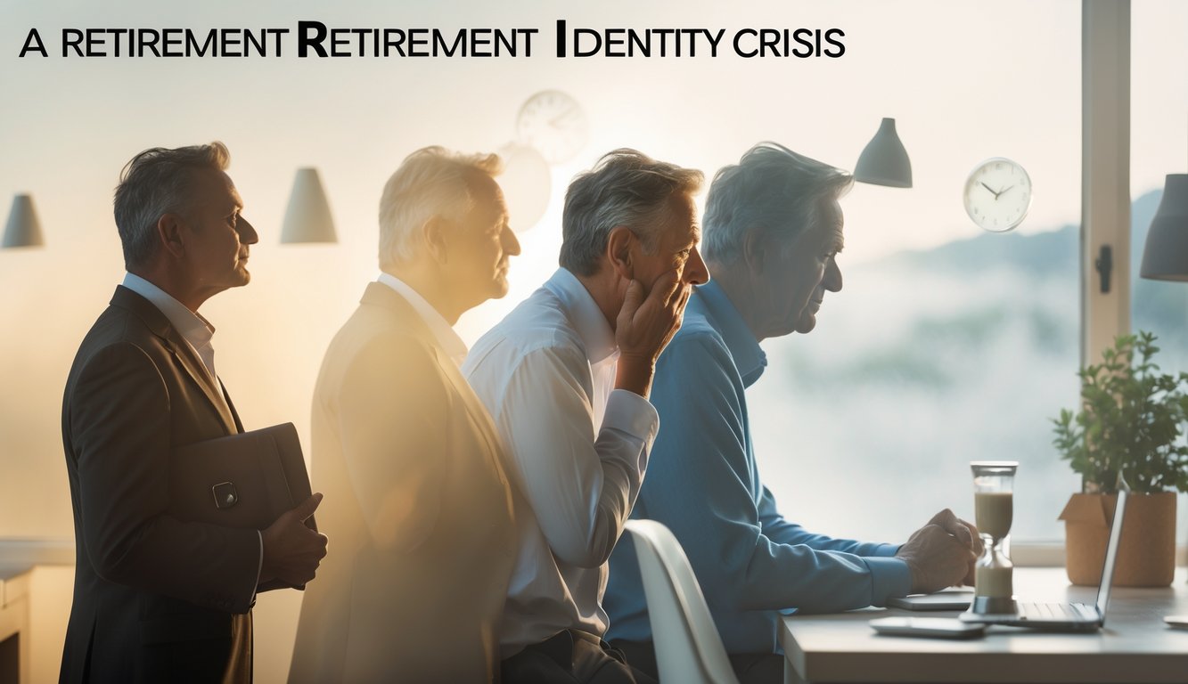 A series of images showing a person moving from confident and busy to thoughtful and then relaxed at home, illustrating the emotional changes during retirement.