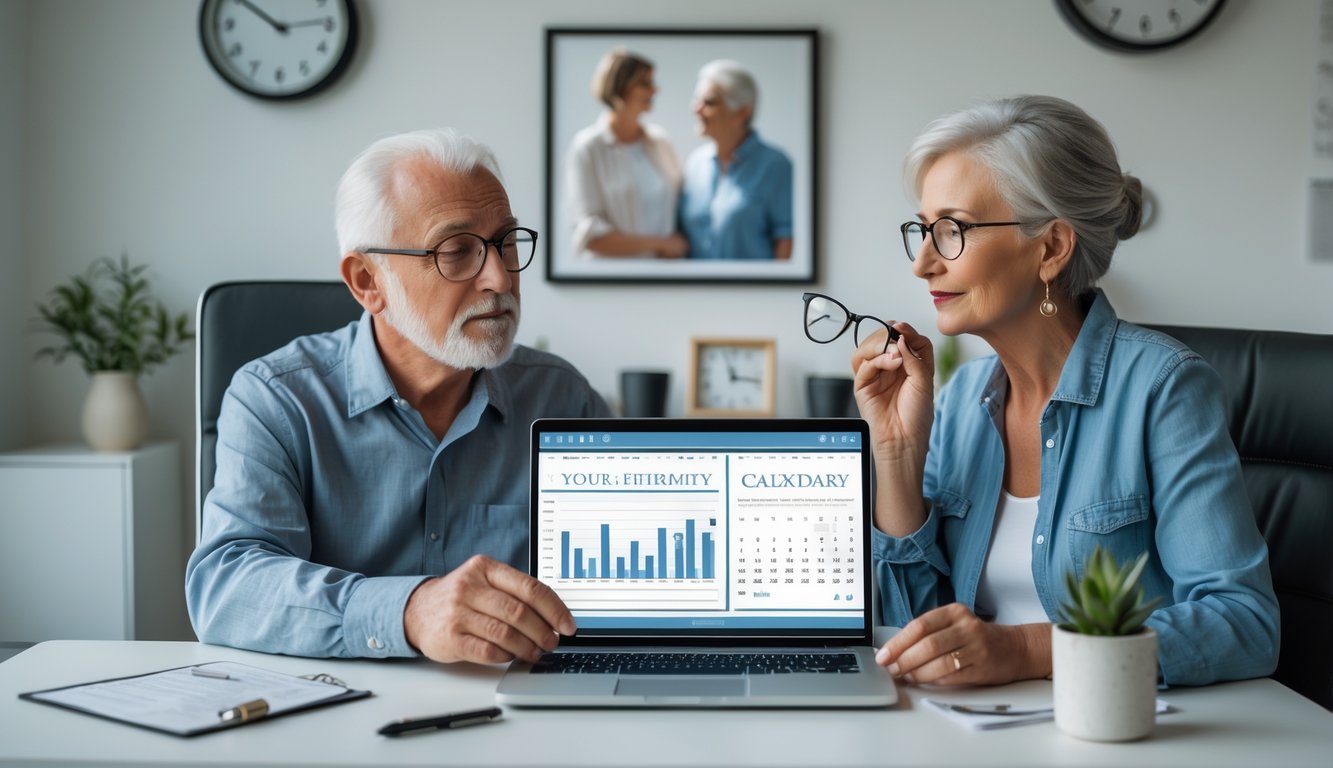 An older man and woman sitting at a desk looking thoughtfully at a laptop, surrounded by items like a clock and a framed photo, suggesting reflection and planning.