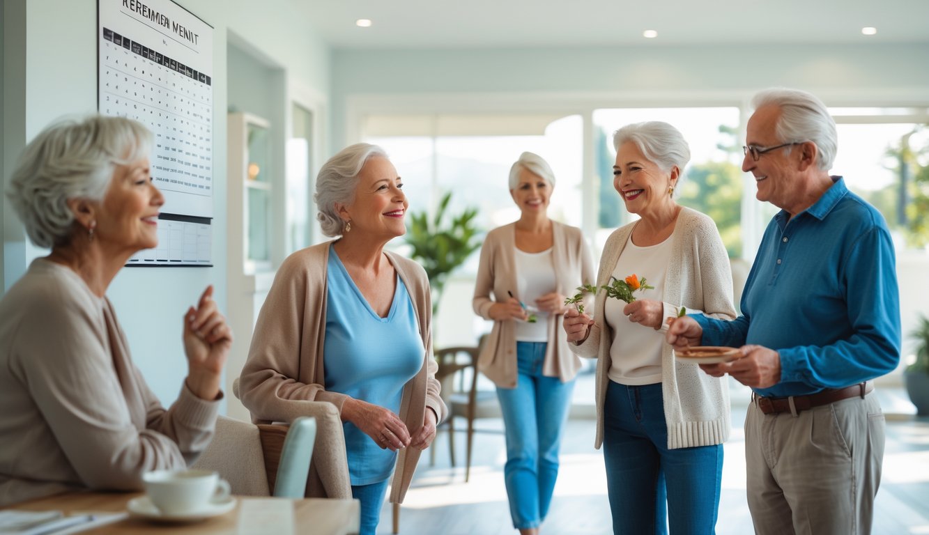 Mature adults engaged in various activities symbolizing stages of life after retirement, including reflection, hobbies, and socializing in a bright indoor setting.
