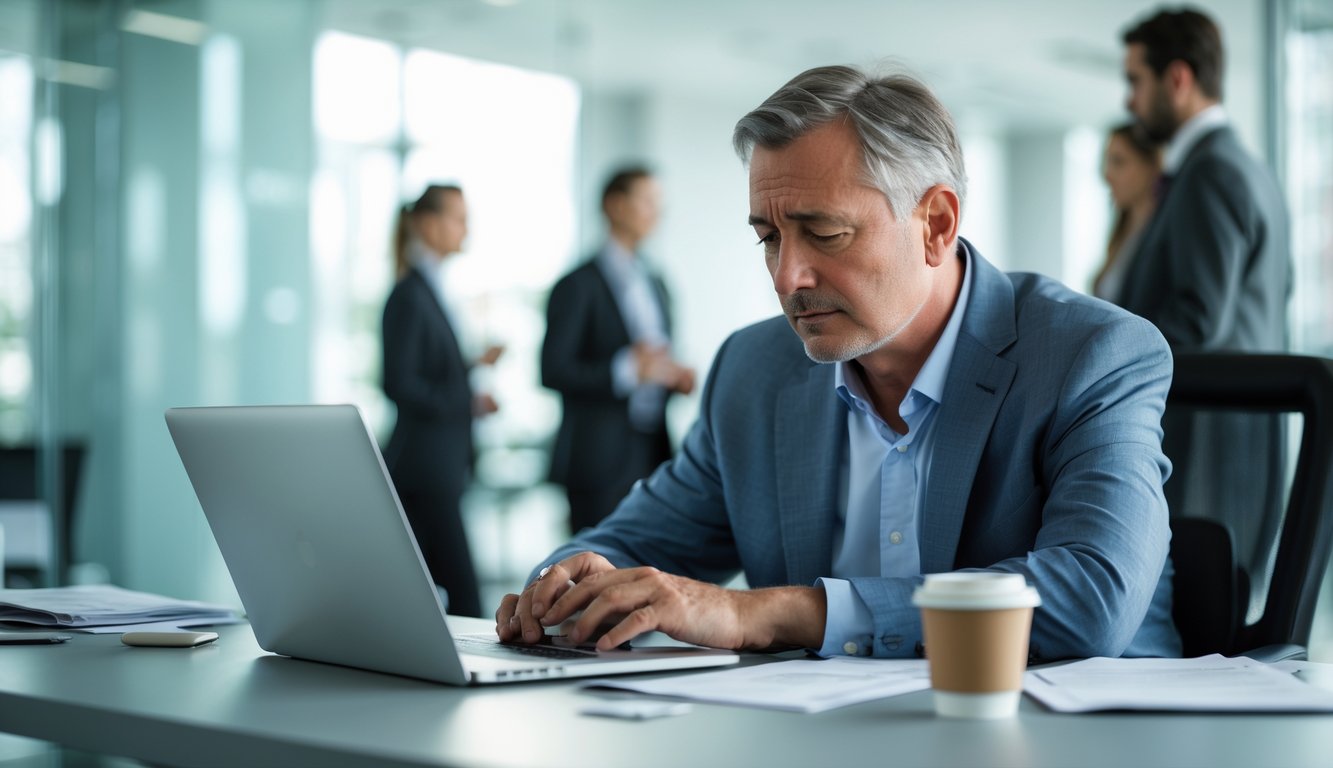 A man sitting alone at an office desk looking thoughtful and distressed, with blurred coworkers in the background.