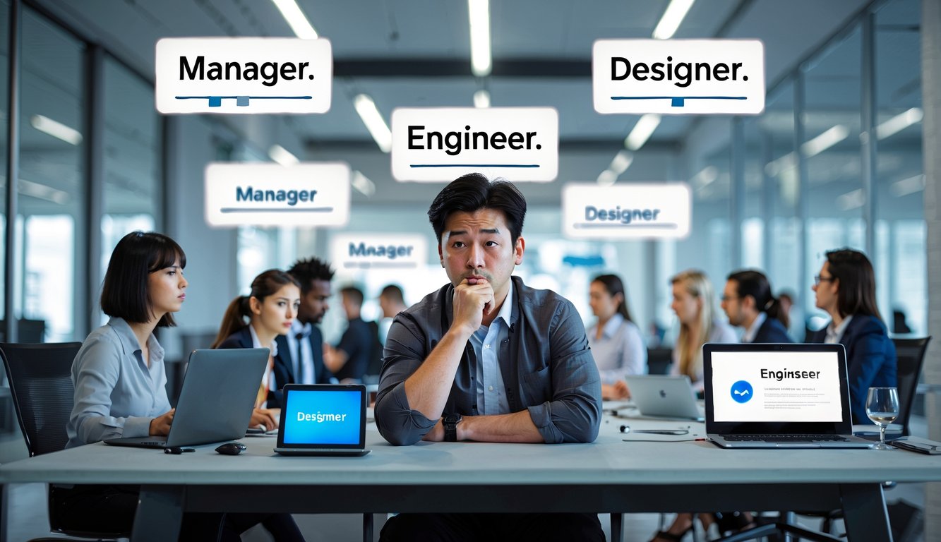 A person sitting at a desk looking thoughtful in a modern office with colleagues working nearby and job title indicators visible on desks and badges.
