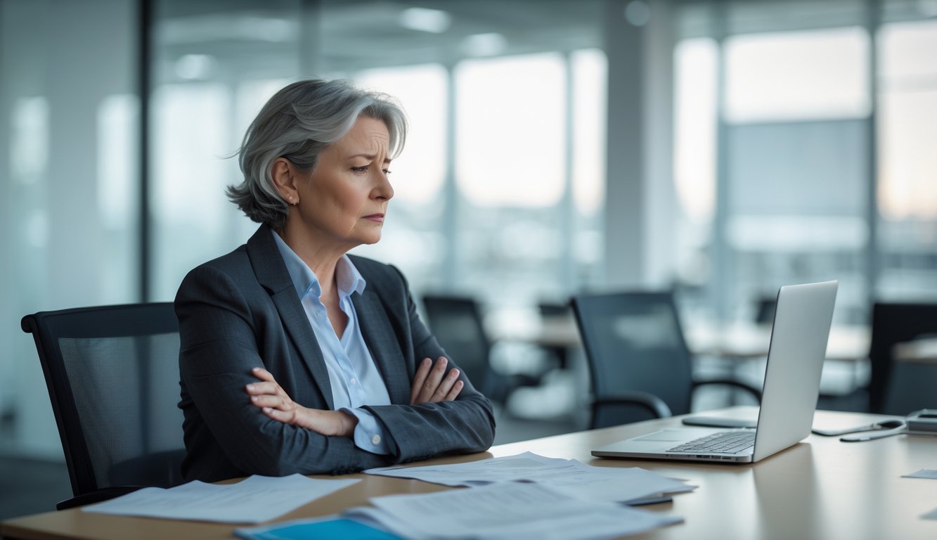 A person sitting alone in an office looking sad and contemplative, surrounded by office furniture and soft natural light.