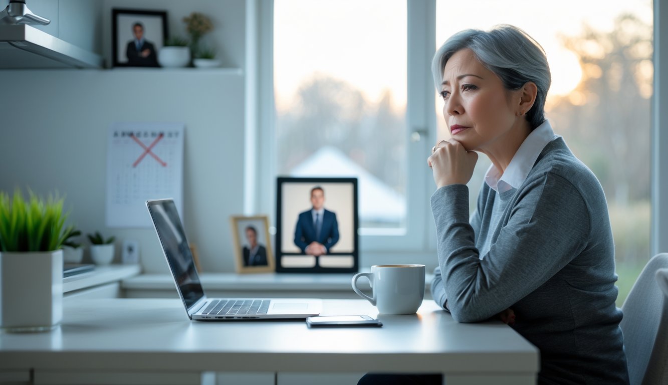 A person sitting alone at a kitchen table looking thoughtful and concerned, surrounded by personal and work-related items in a softly lit home.