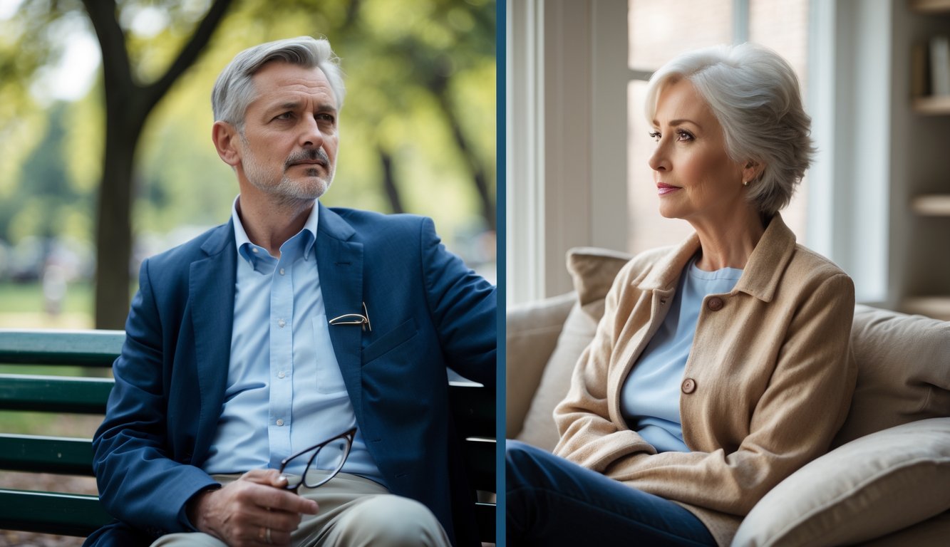 A middle-aged man sitting on a park bench looking thoughtful and a middle-aged woman sitting indoors looking out a window, both appearing reflective.