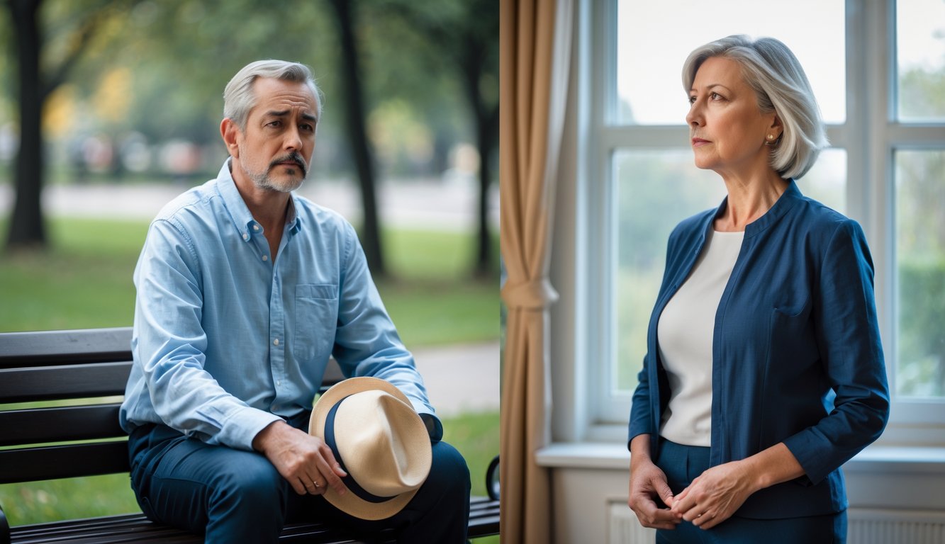 A middle-aged man sitting alone on a park bench looking contemplative, and a middle-aged woman standing by a window inside a living room gazing thoughtfully outside.