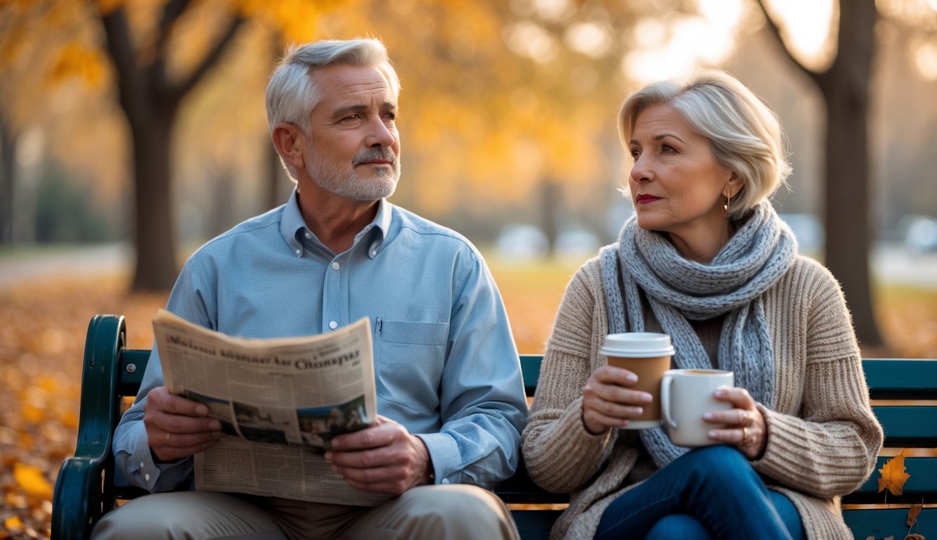 A mature man and woman sitting on a park bench in autumn, both looking thoughtful and reflective.
