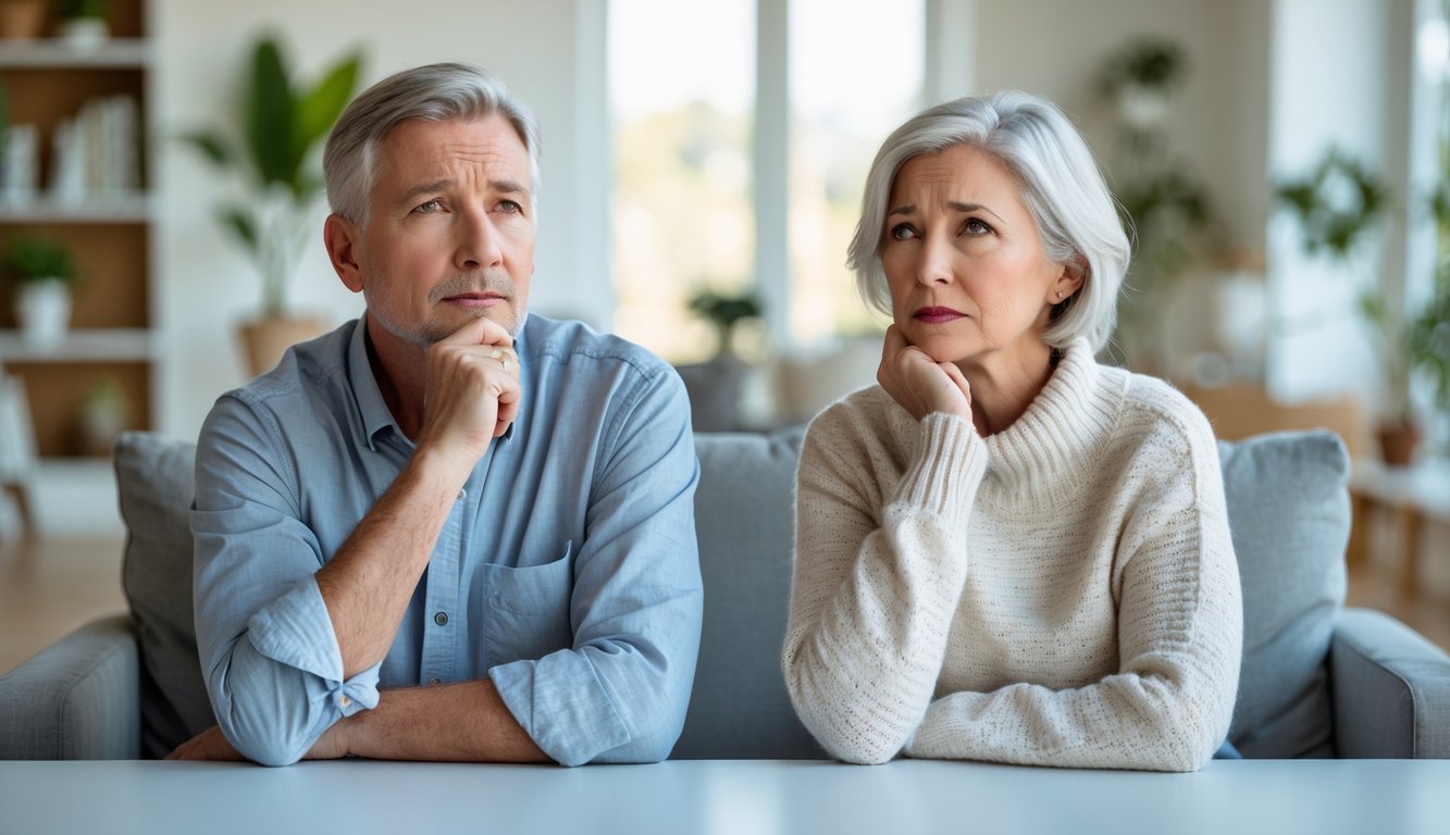 A middle-aged man and woman sitting side by side at a table in a bright living room, both looking thoughtful and reflective.