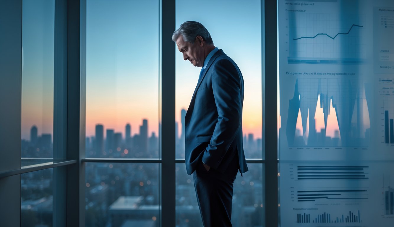 A middle-aged businessman in a suit stands alone in a modern office at dusk, looking down with a thoughtful and worried expression.