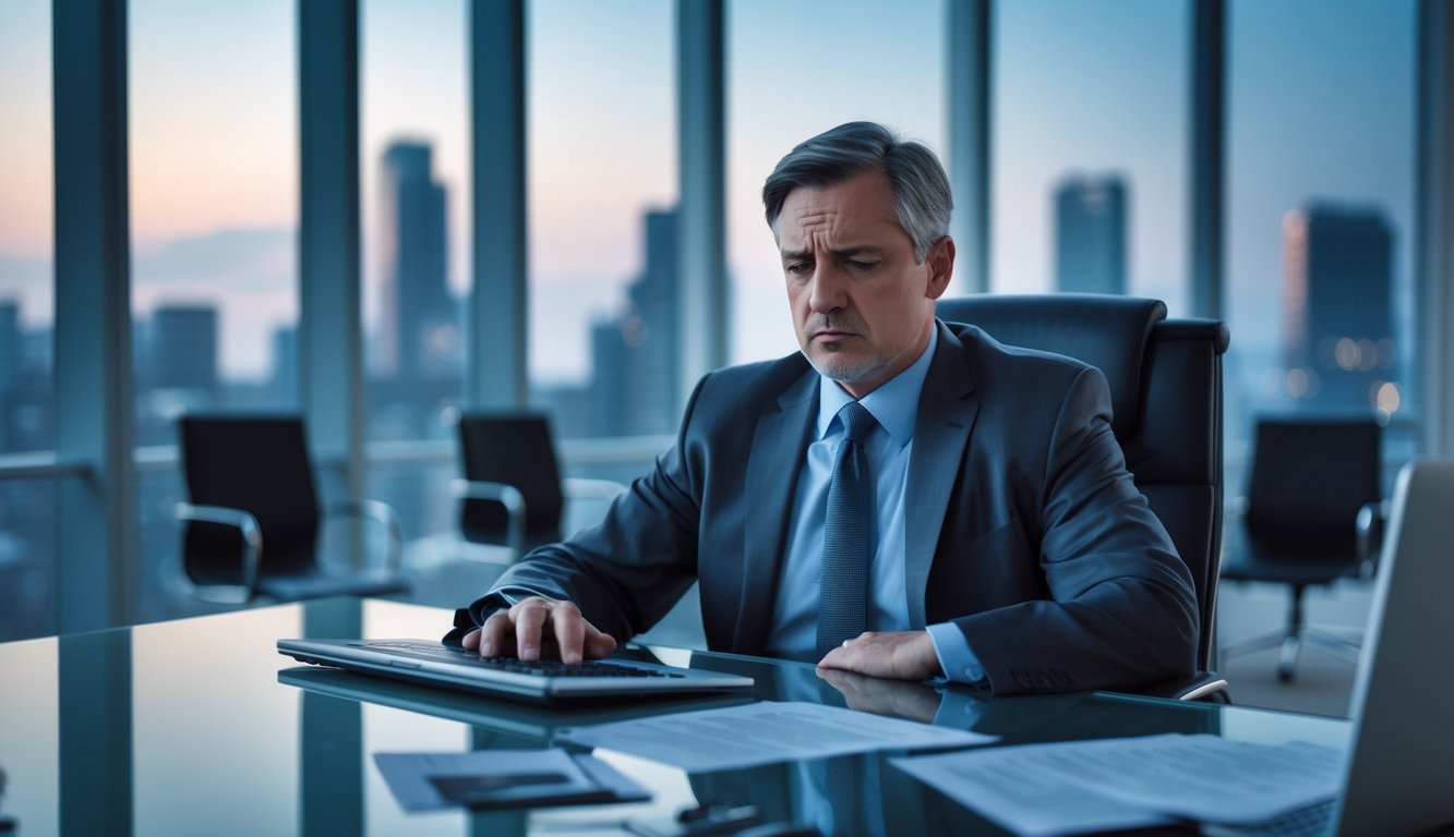 A middle-aged executive man sits alone at a glass desk in a modern office, looking contemplative and distressed with a loosened suit and undone tie. The city skyline is visible through large windows behind him.