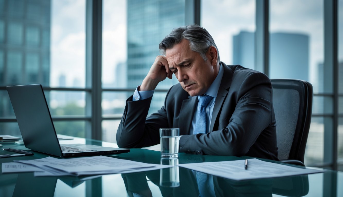 A middle-aged executive man sits alone at a desk in a modern office, looking distressed and contemplative with his head resting on his hand.