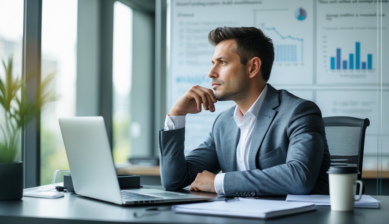 A businessperson sitting at a desk in an office, looking thoughtfully out of a window with business plans visible in the background.