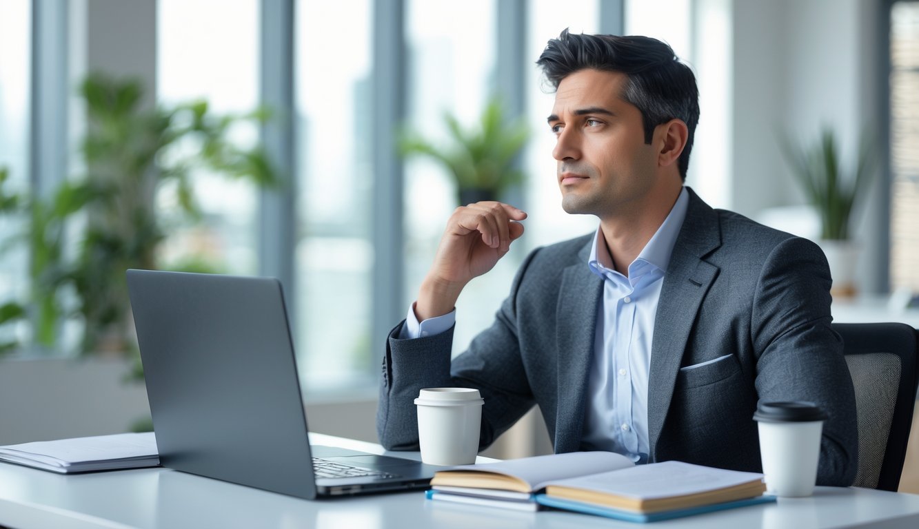 A thoughtful entrepreneur sitting at a desk in a bright office, looking reflective and contemplative.