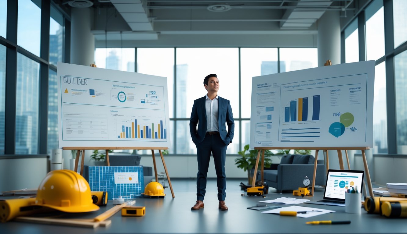A person standing thoughtfully in a modern office surrounded by construction tools on one side and business charts on the other, symbolizing the journey from builder to entrepreneur.