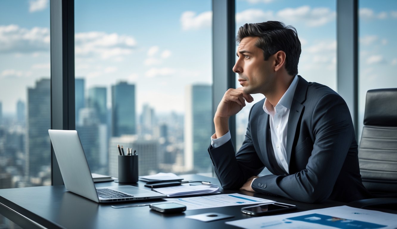 A lone entrepreneur sitting at a desk in an office, looking thoughtfully out of a window overlooking a city.