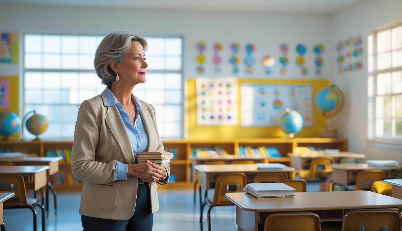 A mature female teacher standing thoughtfully in an empty classroom filled with desks and educational materials, looking out a window with a reflective expression.