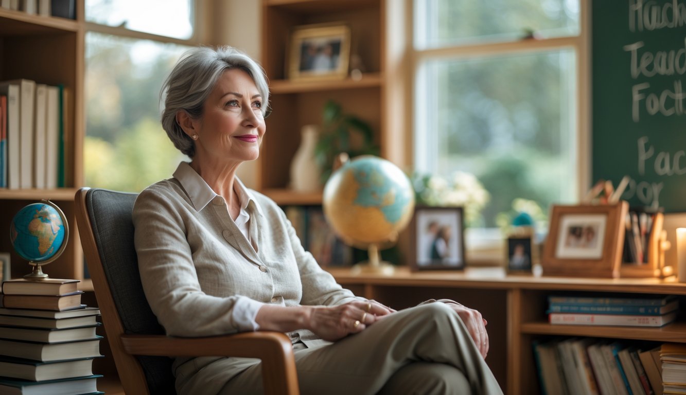 A mature teacher sitting thoughtfully in a cozy home office surrounded by books and teaching items, looking reflective and peaceful.